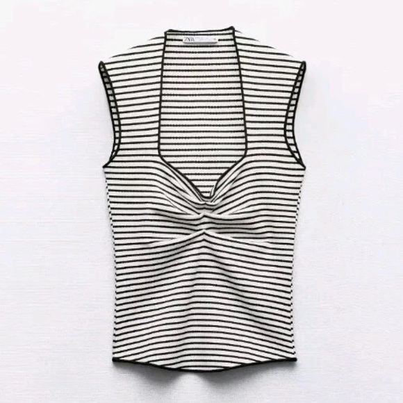 New Zara Stripe Black and White Jersey Stretch Tank Top Sleeveless blouse Size S - Picture 2 of 8